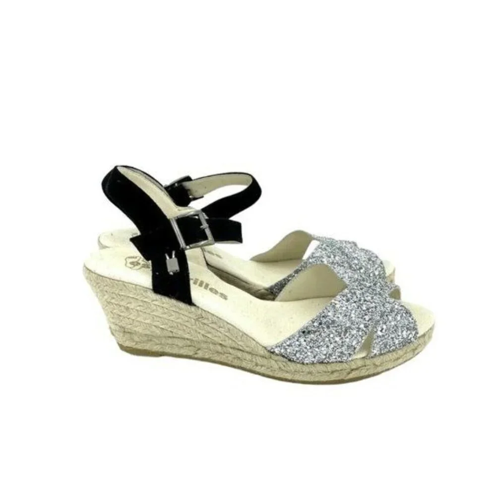 ESPADRILLES Boem Wedge Sandals Silver Glitter Black Suede Sz 42 US 11.5 US NIB